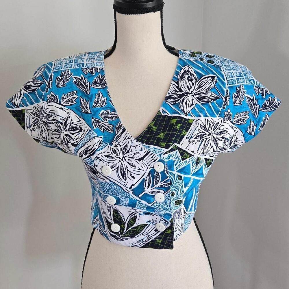 Vintage 80s 90s y2k blue floral poly cotton top should pads small
